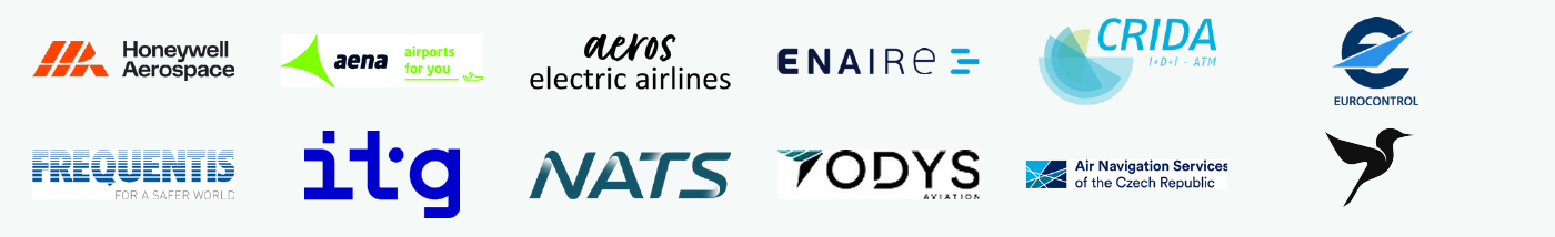 Logotipos de los socios del consorcio VERTI-GO: Honeywell Aerospace, AENA, Aeros, ENAIRE, CRIDA, EUROCONTROL, Frequentis, ITG, NATS, Odys Aviation, ANS CR y Vertical Aerospace
